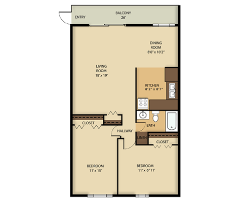 Floor plan for 2 beds, 1 bath, 900 sqft